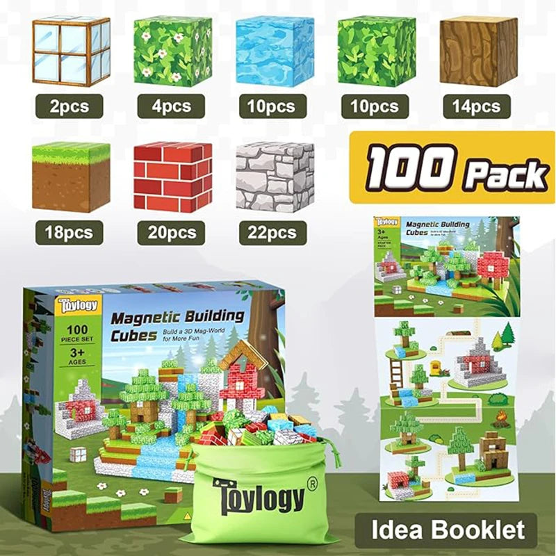 100Pcs Magnetic Blocks-Build Mine Magnet World Set for Boys & Girls Age 3+, Sensory Toys for Toddlers Gifts Construction Toys