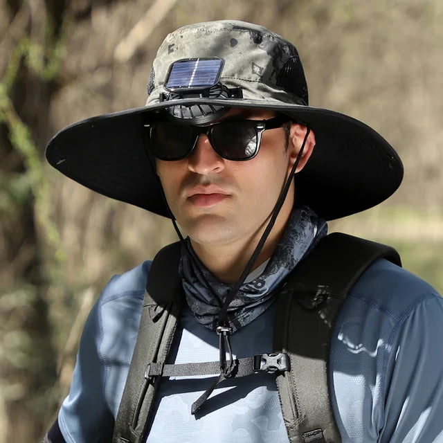 Sombrero Hat Men Solar Charging Fan Fisherman Multi-Purpose Detachable Outdoor Riding Brim Fishing Mountaineering Shade Cap Big