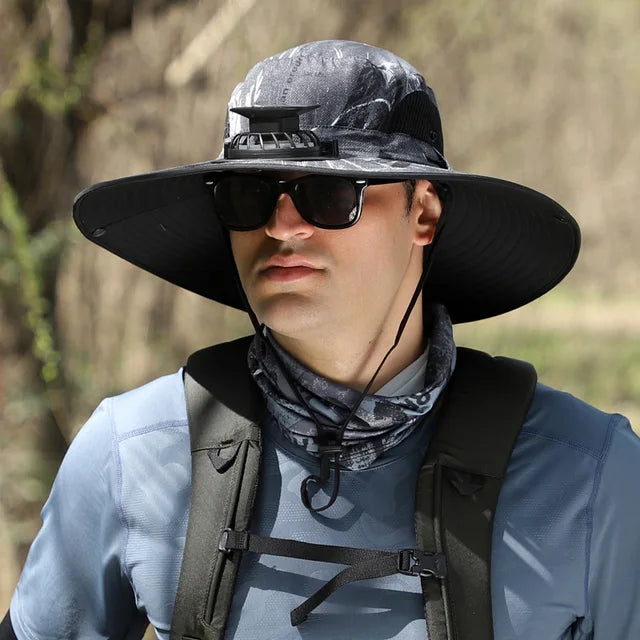 Sombrero Hat Men Solar Charging Fan Fisherman Multi-Purpose Detachable Outdoor Riding Brim Fishing Mountaineering Shade Cap Big