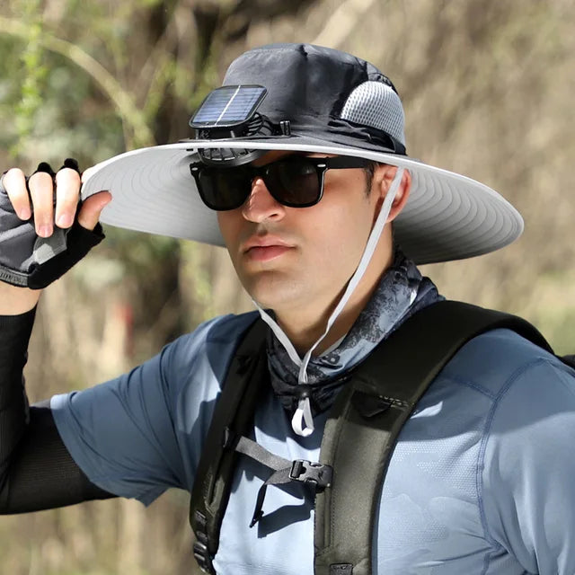 Sombrero Hat Men Solar Charging Fan Fisherman Multi-Purpose Detachable Outdoor Riding Brim Fishing Mountaineering Shade Cap Big