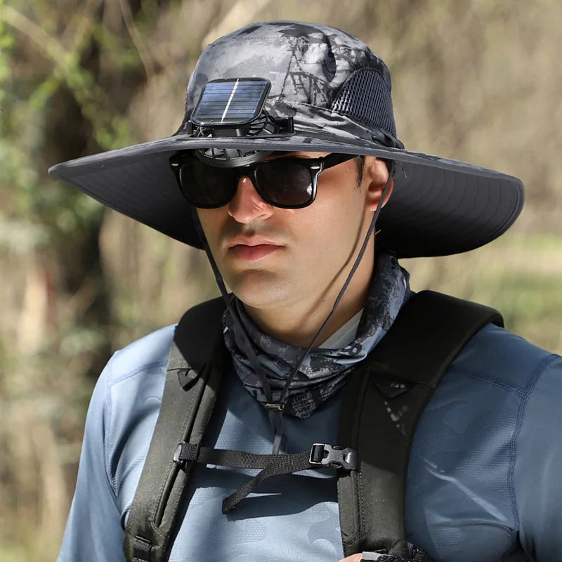 Sombrero Hat Men Solar Charging Fan Fisherman Multi-Purpose Detachable Outdoor Riding Brim Fishing Mountaineering Shade Cap Big
