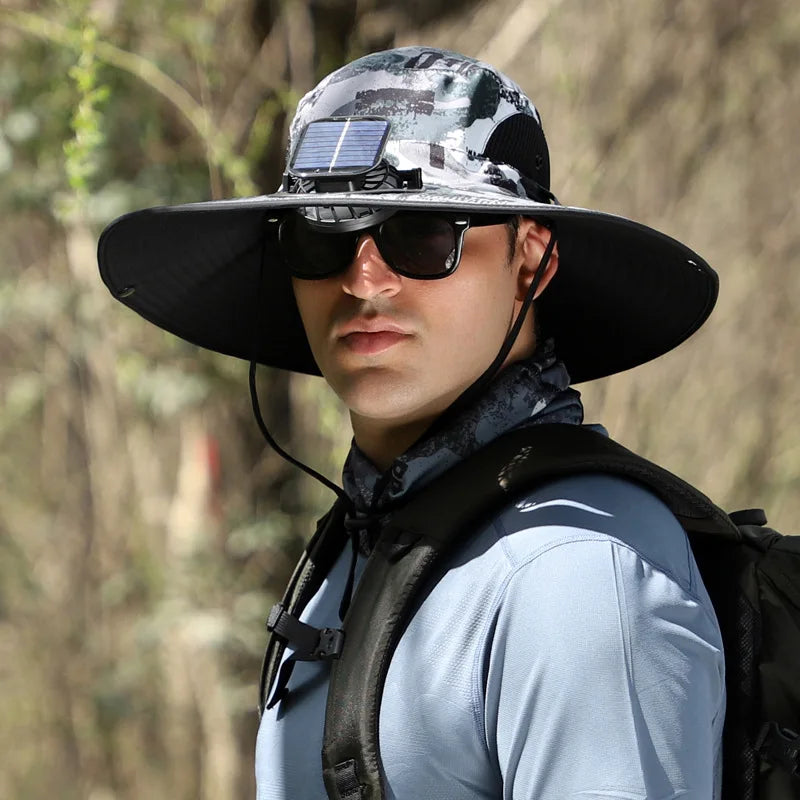 Sombrero Hat Men Solar Charging Fan Fisherman Multi-Purpose Detachable Outdoor Riding Brim Fishing Mountaineering Shade Cap Big