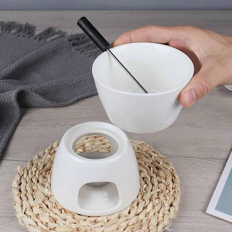 "Custom Ceramic Mini Fondue Set: Perfect for Melting Swiss Cheese or Chocolate, Includes Candle and Fork"