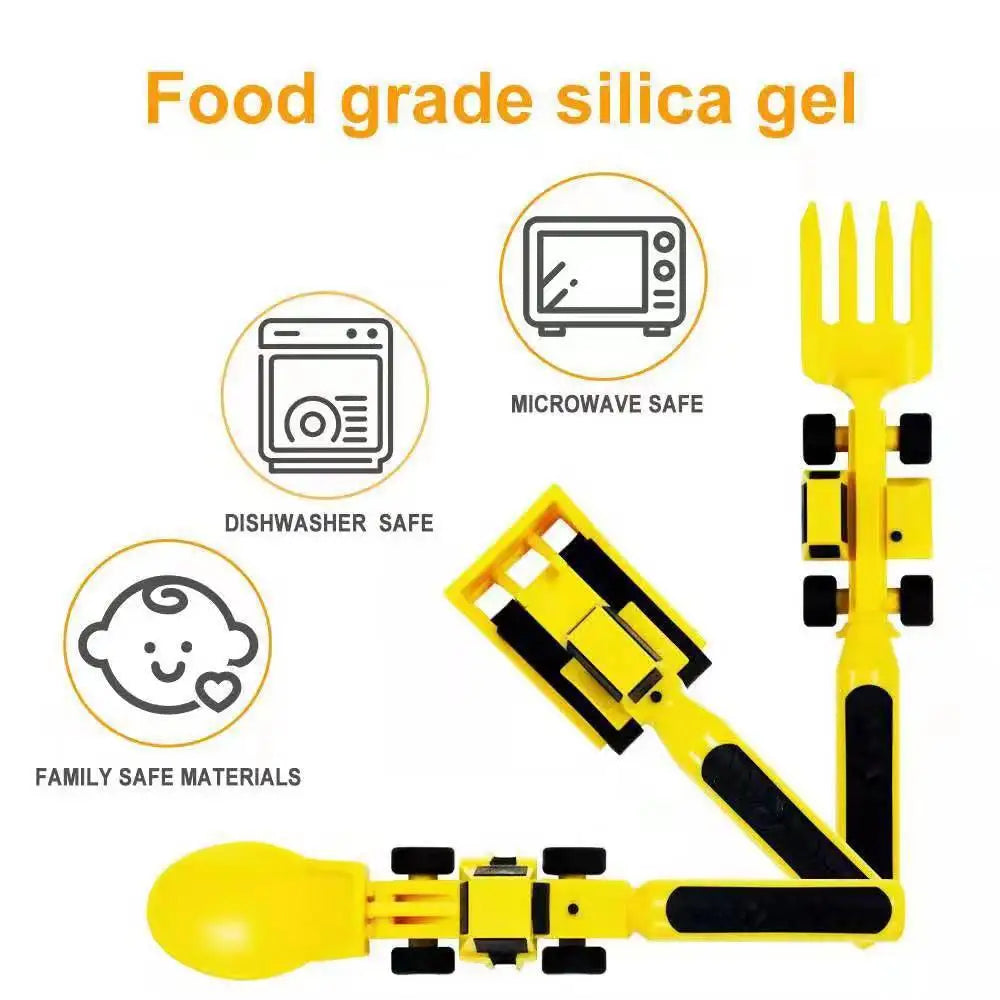 BPA Free Children Plate Knife Fork Spoon Tableware Set Car Bulldozer Excavator Shovel Spoon Fork Safe and Practical Utensils