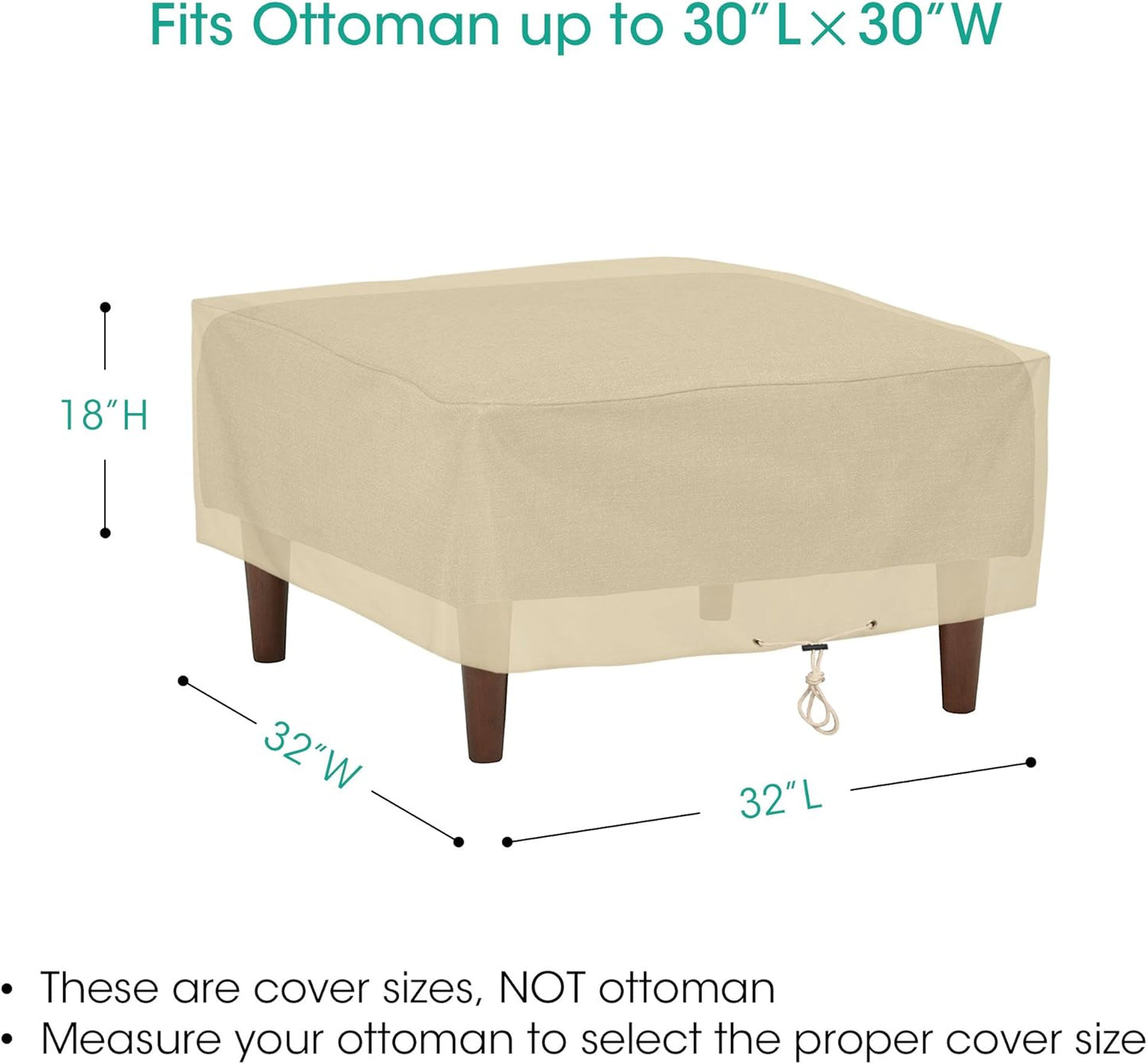 "Beige Waterproof Outdoor Ottoman Cover: Heavy Duty, All-Weather Protection, 32" x 32" x 18""
