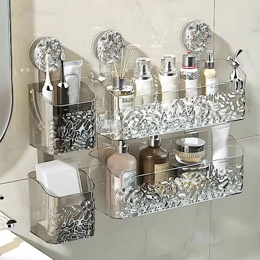"Chic Glacier Pattern Bathroom Storage: Suction Cup Shelf & Organizer for a Punch-Free, Light Luxury Look"