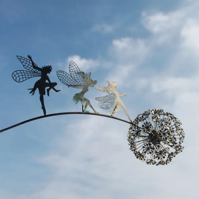 Pixies Fairy Garden Sculptures Stake Fairies and Dandelions Dance Together Landscape Metal Miniature Figurine Lawn Decorative