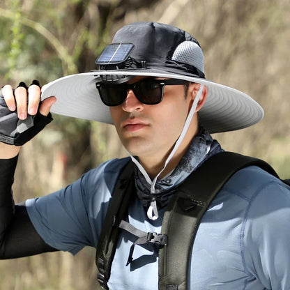 Sombrero Hat Men Solar Charging Fan Fisherman Multi-Purpose Detachable Outdoor Riding Brim Fishing Mountaineering Shade Cap Big