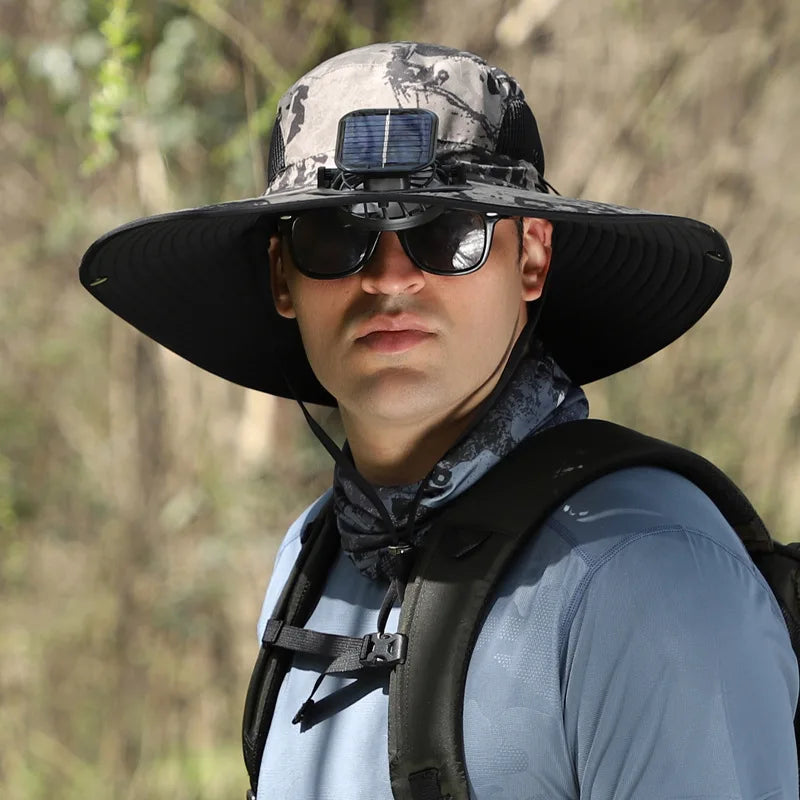 Sombrero Hat Men Solar Charging Fan Fisherman Multi-Purpose Detachable Outdoor Riding Brim Fishing Mountaineering Shade Cap Big