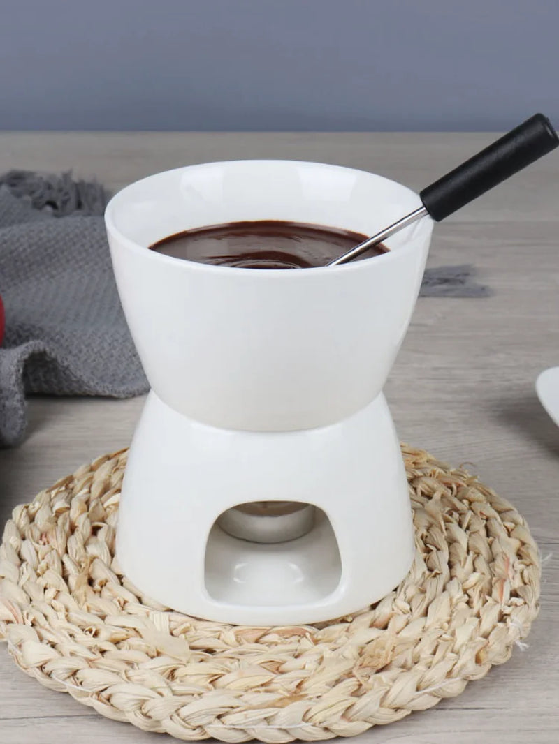 "Custom Ceramic Mini Fondue Set: Perfect for Melting Swiss Cheese or Chocolate, Includes Candle and Fork"