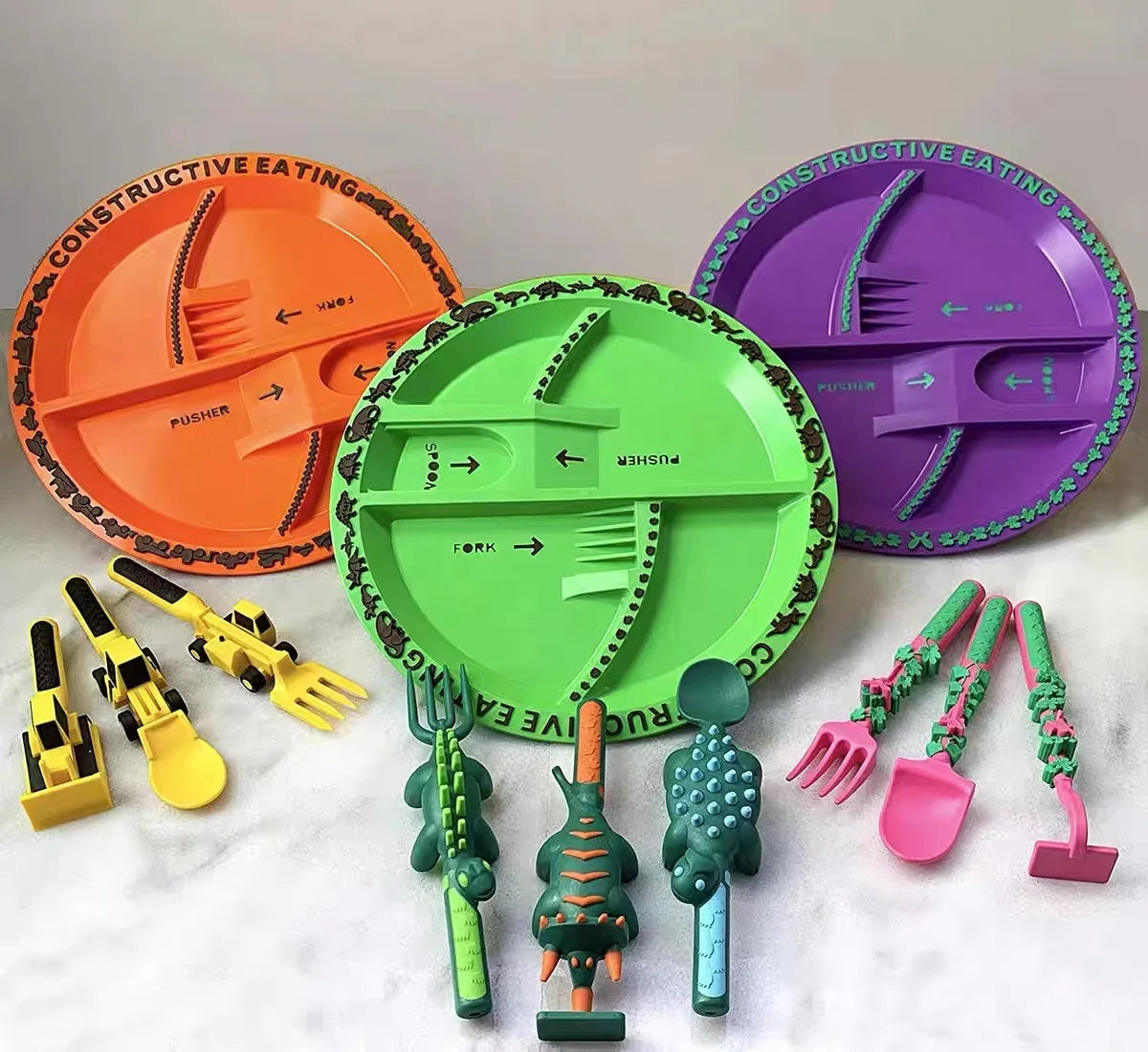 BPA Free Children Plate Knife Fork Spoon Tableware Set Car Bulldozer Excavator Shovel Spoon Fork Safe and Practical Utensils