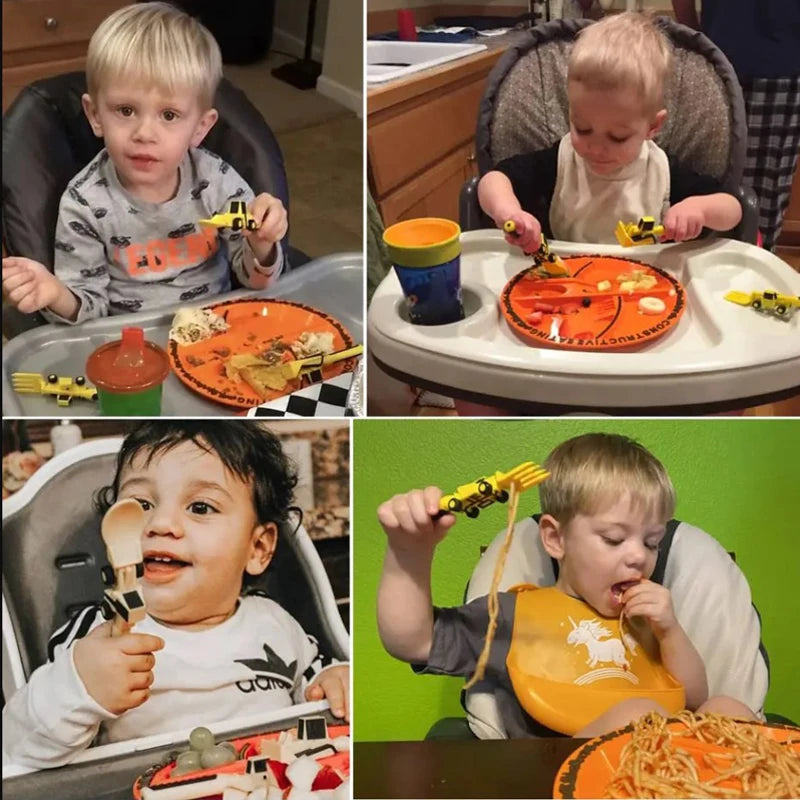 BPA Free Children Plate Knife Fork Spoon Tableware Set Car Bulldozer Excavator Shovel Spoon Fork Safe and Practical Utensils