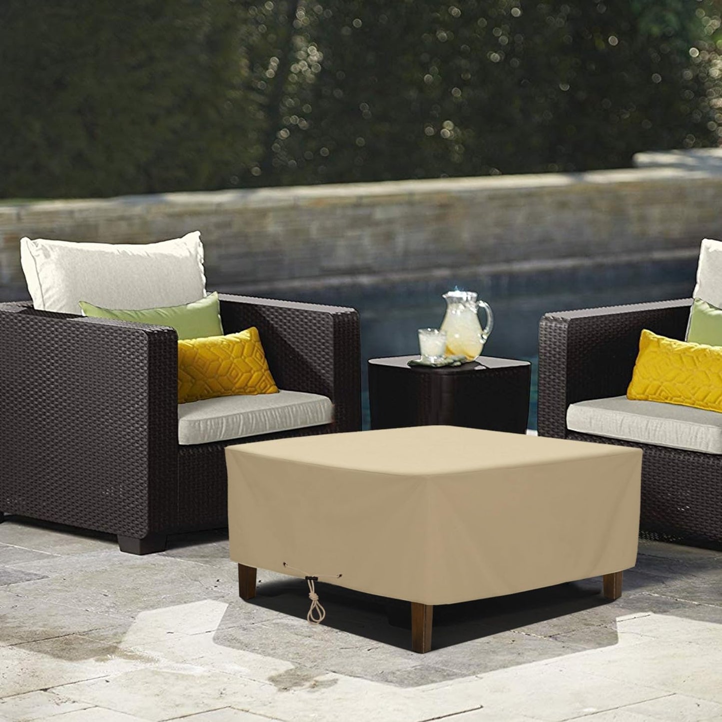 "Beige Waterproof Outdoor Ottoman Cover: Heavy Duty, All-Weather Protection, 32" x 32" x 18""